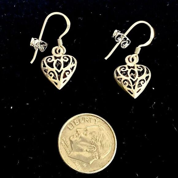 APF Sterling 925 Heart Filigree 1” Dangle Earrings - Picture 4 of 6